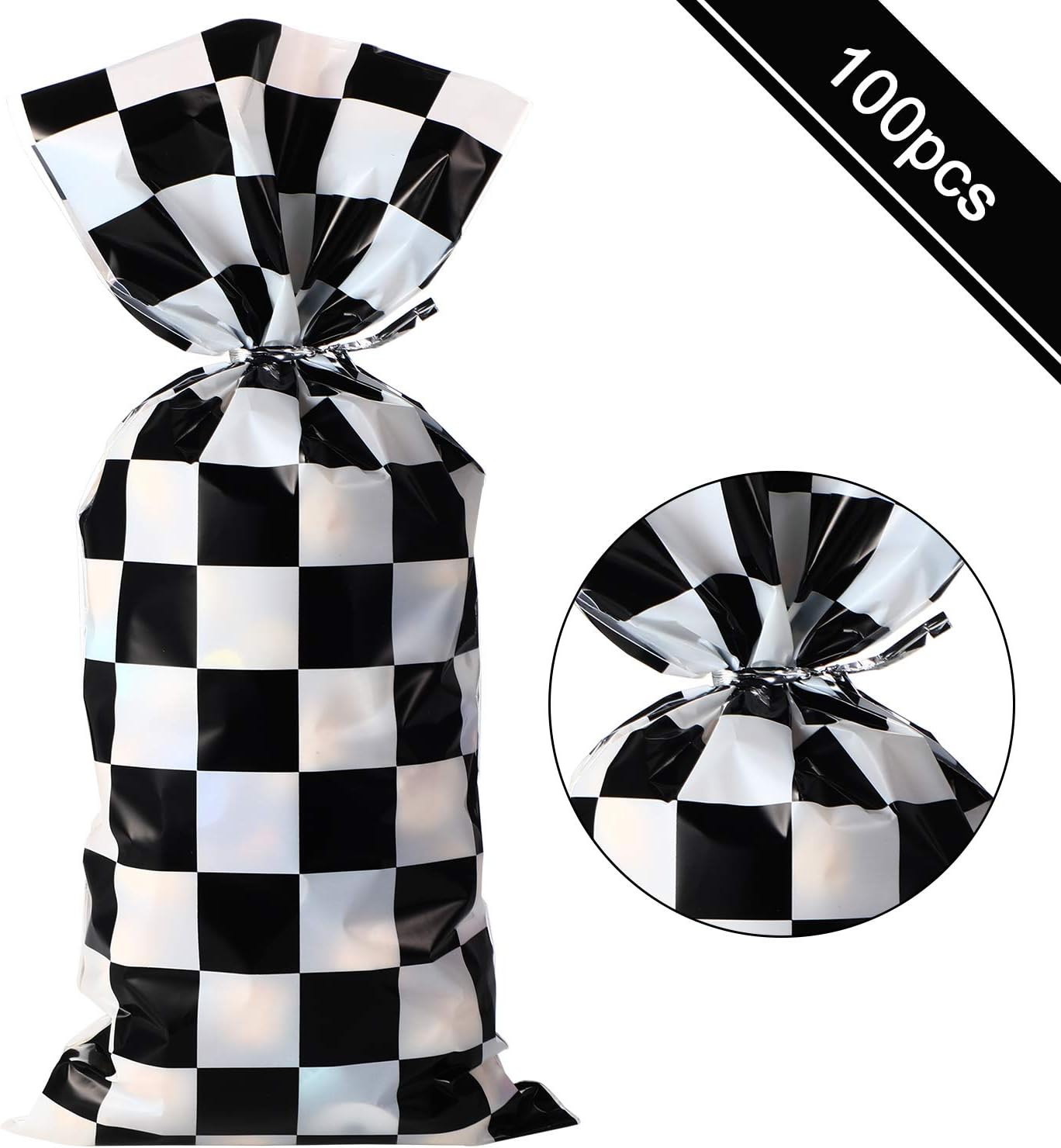 100 Pieces Cellophane Car Candy Bags Black White Checkered Racing Treat Bags Plastic Race Gift Goodie bags Food Storage Bags for with 100 Pieces Silver Twist Ties for Cars Birthday Party Decorations - Image 3