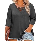Beautife Womens Plus Size 3/4 Sleeve Tops Summer Casual Criss Cross V Neck T-Shirts Loose Fit Tees Tunic Shirts