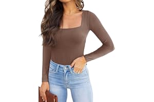 REORIA Womens Basic Sexy Square Neck Double Lined Long Sleeve Bodysuit Tops Jumpsuits