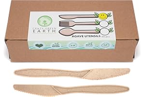CRAZY GREEN EARTH 50 Pcs 6.77" Unwrapped Biodegradable Plant-based Agave Fiber Knives | Durable, Sharp, Good for Hot and Cold Foods | Eco-friendly, Reusable, Recyclable | Non-toxic, BPA-free, Plastic-free Utensils