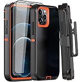 Case for iPhone 12 Pro Max Case 6.7" Belt-Clip Kickstand Holster with 2 Screen Protector,Full Body Rugged Heavy Duty Military Grade Shockproof/Drop Protection Cover (Black Orange+Clip)