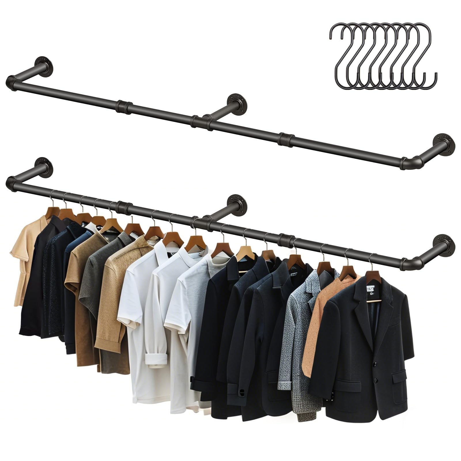 Photo 1 of Aduanbang 64.9in Industrial Pipe Wall Mounted Clothes Rack, Heavy Duty Detachable Iron Garment Bar, Rustic Space-Saving Hanging Rod for Bedroom, Closet – Black