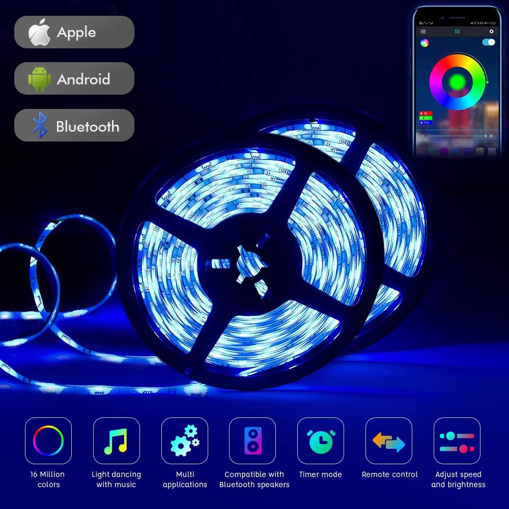 Led Strips Lights 10M, 32.8ft RGB Led Rope Lights with 20 Keys IR Remote Controller and App Bluetooth Controlled Mood Light for Home Kitchen Christmas Wedding Party DIY Decoration (Old)