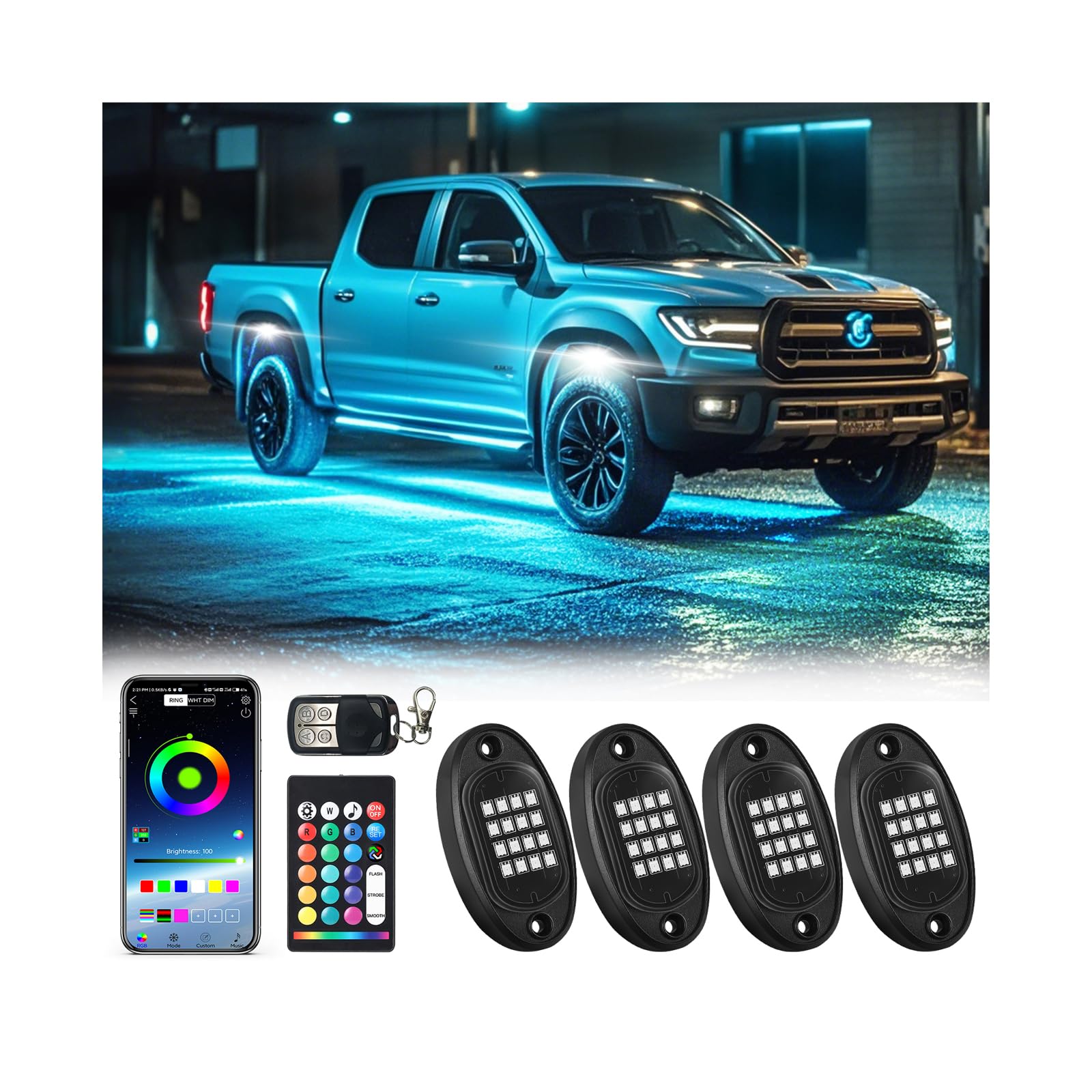 Photo 1 of LD DARKEAGLE 4Pods RGB LED Rock Lights Kit with APP/RF Remote Control, Segmented Underglow Light Multicolor Neon 12V Waterproof Underbody Lights for Trucks Jeep UTV ATV Golf Cart Offroad