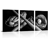 KLVOS Baseball Sports Wall Art 3 Pieces Vintage Baseball Glove Picture Canvas Print Black White Painting Artwork for Boys Bedroom Living Room Gym Wall Decor Framed Ready to Hang