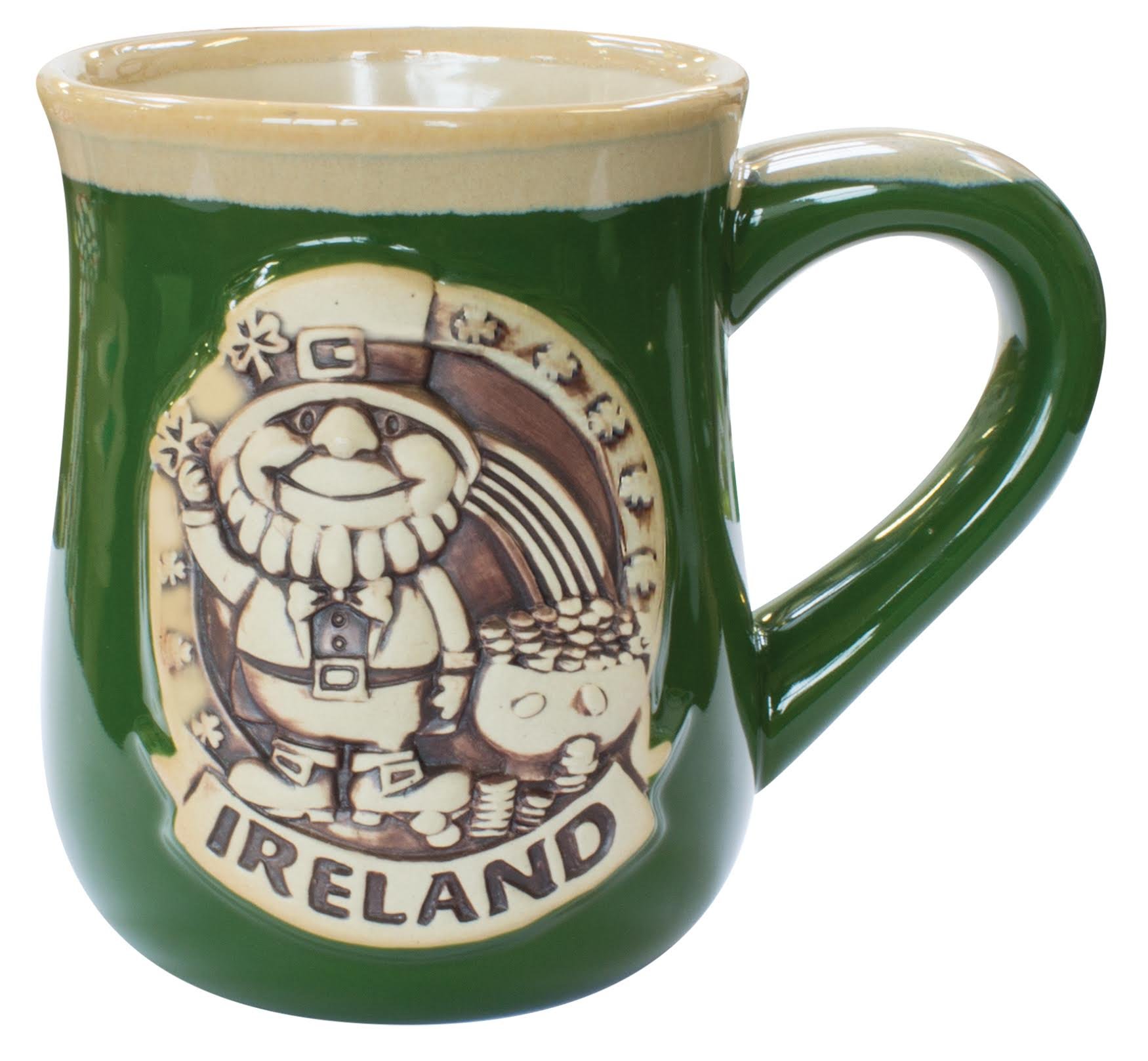 Irish Designed Pottery Mug With A Leprechaun Design, Green Colour