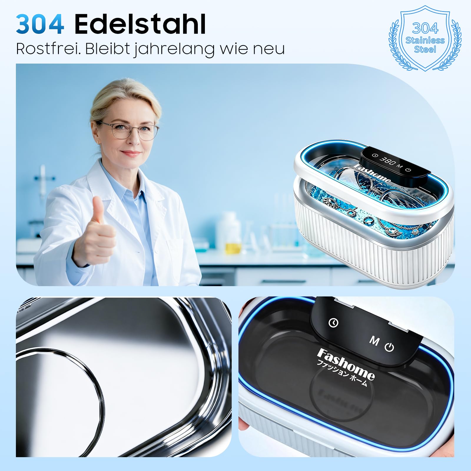 Fashome Ultraschallreiniger mit 2×100 ml Reinigungsflüssigkeit, 45 kHz 3 Modi, 550 ml Edelstahltank, für Schmuck, Brillen, Uhren & Zahnersatz, Reinigungskorb & Uhrenhalterung – mit Geschenkbox 6