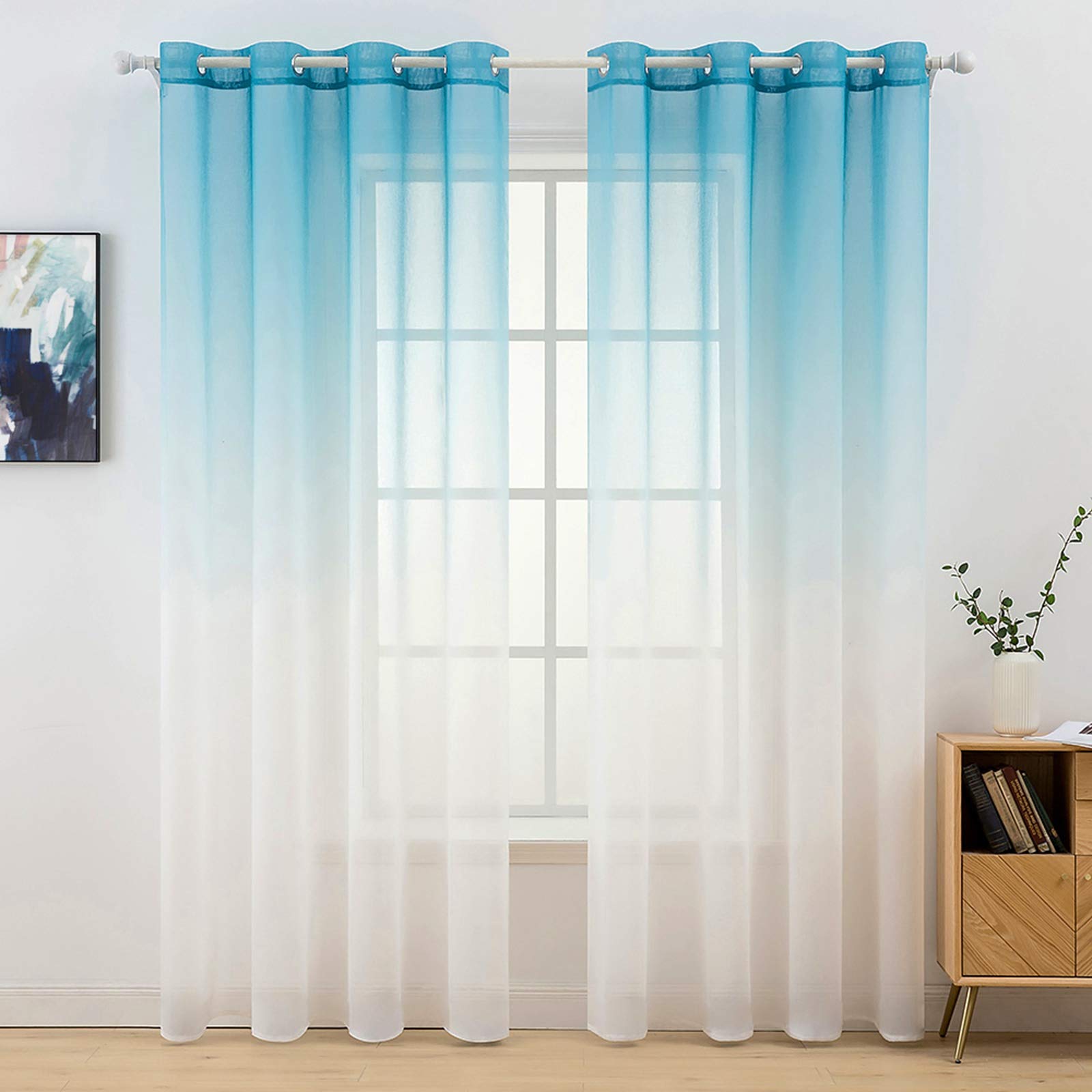 MIULEE 2 Panels Sheer Voile Curtains Color Gradient Gradually Changed Decorative Ring Top Eyelet Window Elegance for Bedroom Livingroom Nursery Room 140 x 260 Cm 55" W x 102" L Blue
