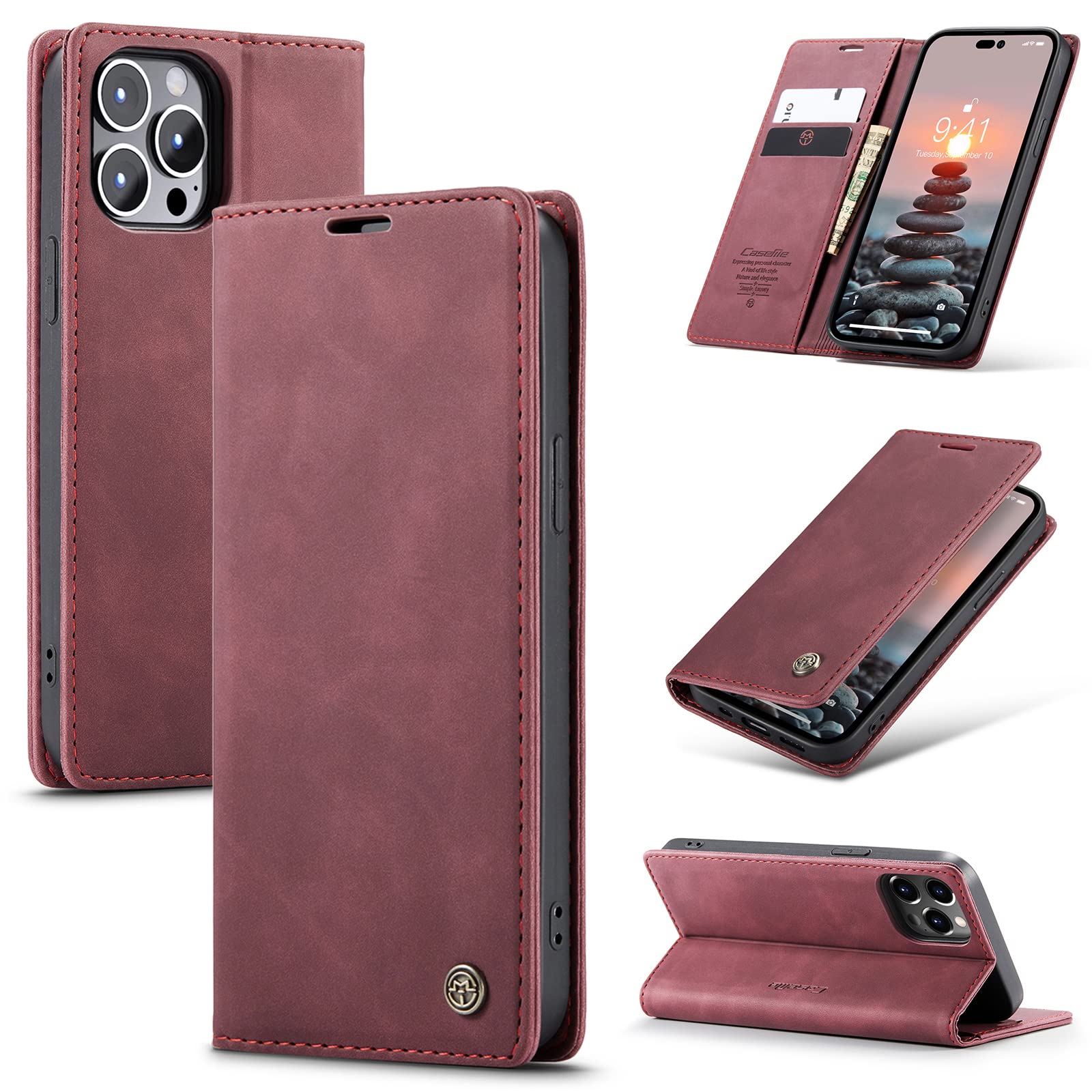 UFinetech Case for iPhone 14 Pro, Shockproof Anti-scratch Cover with iPhone 14 Pro (6.1”), Leather TPU Slim Soft Flip Folio Magnetic Closure Kickstand Card Holder Wallet 2-in-1 Camera Protector, Red