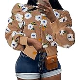 HOULENGS Women's Cropped Floral Print Fleece Bomber Jacket Casual Puff Sleeve Button Down Coats Winter Warm Outerwears