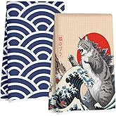 Jztco 2 Pcs Funny Japanese Cat Kitchen Towels, Japanese Wave Seamless Pattern Absorbent Microfiber Dish Cloth Tea Towel, Vintage Waffle Hand Towels for Farmhouse Home Bathroom, Cat Lover Gifts
