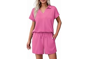 PINSPARK 2 Piece Sets for Women Summer Lounge Sets Short Sleeve Sweatsuit V-neck Tops and Drawstring Shorts Outfits Tracksuit
