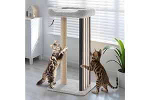 Veehoo 35" Tall Cat Scratching Post for Indoor Cats Adult, Sturdy Cat Scratch Pad with Replaceable Metal Frame Scratching Board, Large Scratch Post with Plush Top Bed