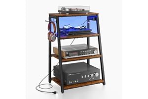 X-COSRACK 4-Tier AV Media Stand with Power Strips, Heavy Duty Stereo Cabinet Stand with LED Lights, Wooden Record Player Stand with 2 Hooks, Audio Stand Furniture Perfect for DVD Player/Game Console/TV Box/Xbox