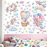 Unicorn Rainbow Wall Decals for Girls: Peel and Stick Hot Air Balloon Stars Cloud Wall Stickers - Baby Nursery Boys Room Bedroom - Kids Supplies Ages 1-12 Years Wall Decor Art