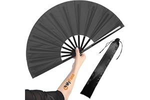 OMyFans Large Rave Folding Hand Fan - Foldable Chinese Tai Chi Kung Fu fan - Ideal for Festivals, EDM, Dancing, Hot Flashes, Church and Gifts (Black)