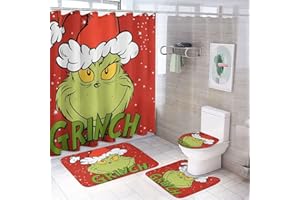 Oylyoyea Christmas Bathroom Shower Curtain Set, Christmas Shower Curtain 4-Piece Set with Non-Slip Rug, Toilet Seat Cover and Bath Mat, Holiday Home Decor (Style 1) (Red)