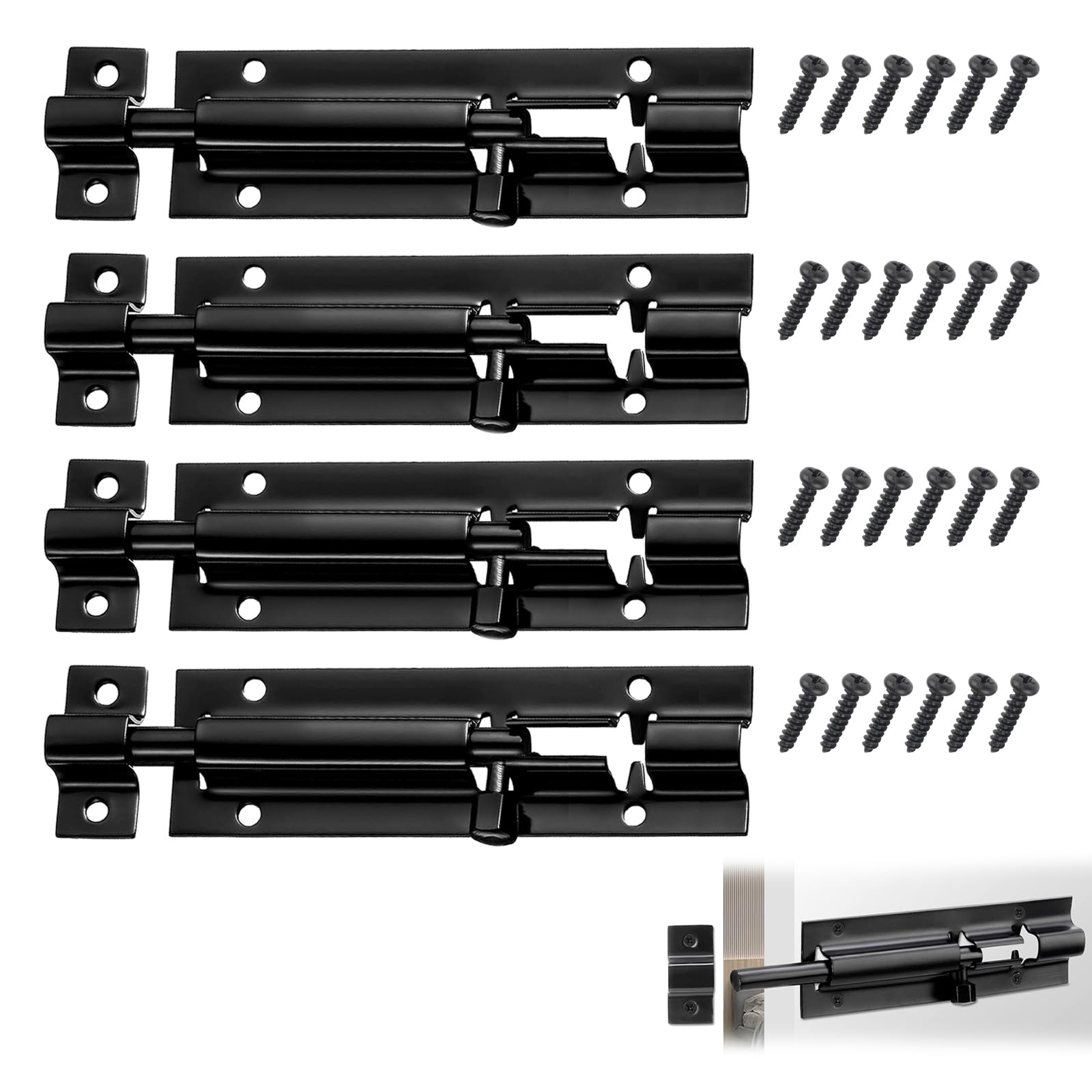 Door Lock Bolt, 4 Pack Door Security Slid Latch Lock, Barrel Bolt Stainless Steel Sliding, Door Latch Lock with Screws, Heavy Duty Door Security Bolts for Home Yard Garden(4 Inch, Black)