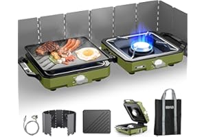 ODSD 2 Burner Camping Stove with Windshield, 20000 BTU Propane Camp Stove, Portable Folding Gas Stove, Camping Essentials Gear Includes Frying Pan, Coffee Stand & Carry Bag, Green