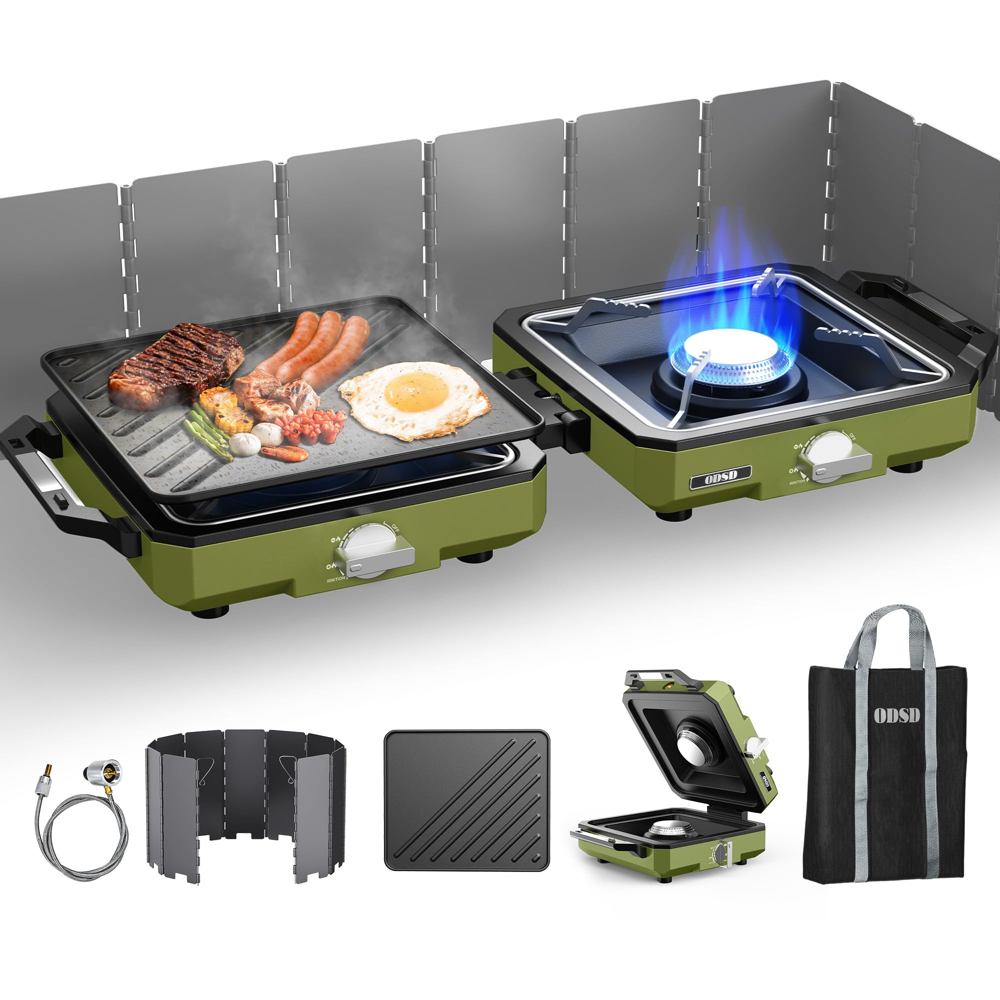 Photo 1 of ODSD 2 Burner Camping Stove with Windshield, 20000 BTU Propane Camp Stove, Portable Folding Gas Stove, Camping Essentials Gears Includes Frying Pan, Coffee Stand & Carry Bag, Green
