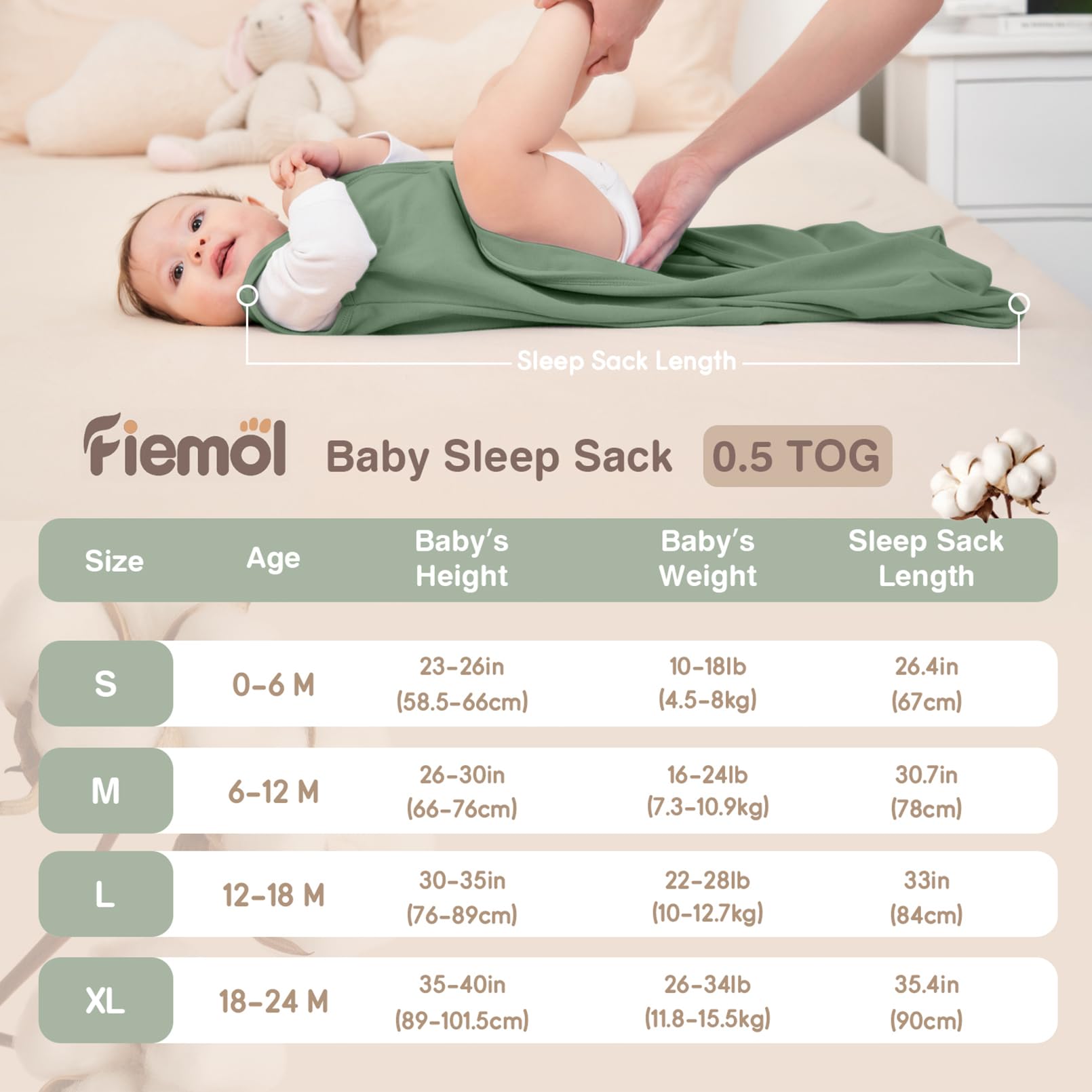 FIEMOL FIEMOL Baby Sleep Sack 6-12 Months, 100% Cotton Sleeping Sack for Newborn and Infant, 3 Pack Baby Wearable Blanket, 0.5 Tog Lightweight Double Zipper Sleep Bag Cyan