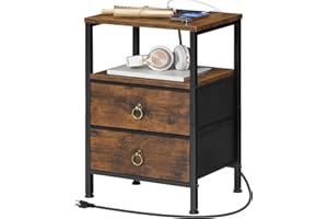 HOOBRO Nightstand with Charging Station, Bedside Table with 2 Fabric Drawers, Side Table with Outlet and USB Ports, EndTable 