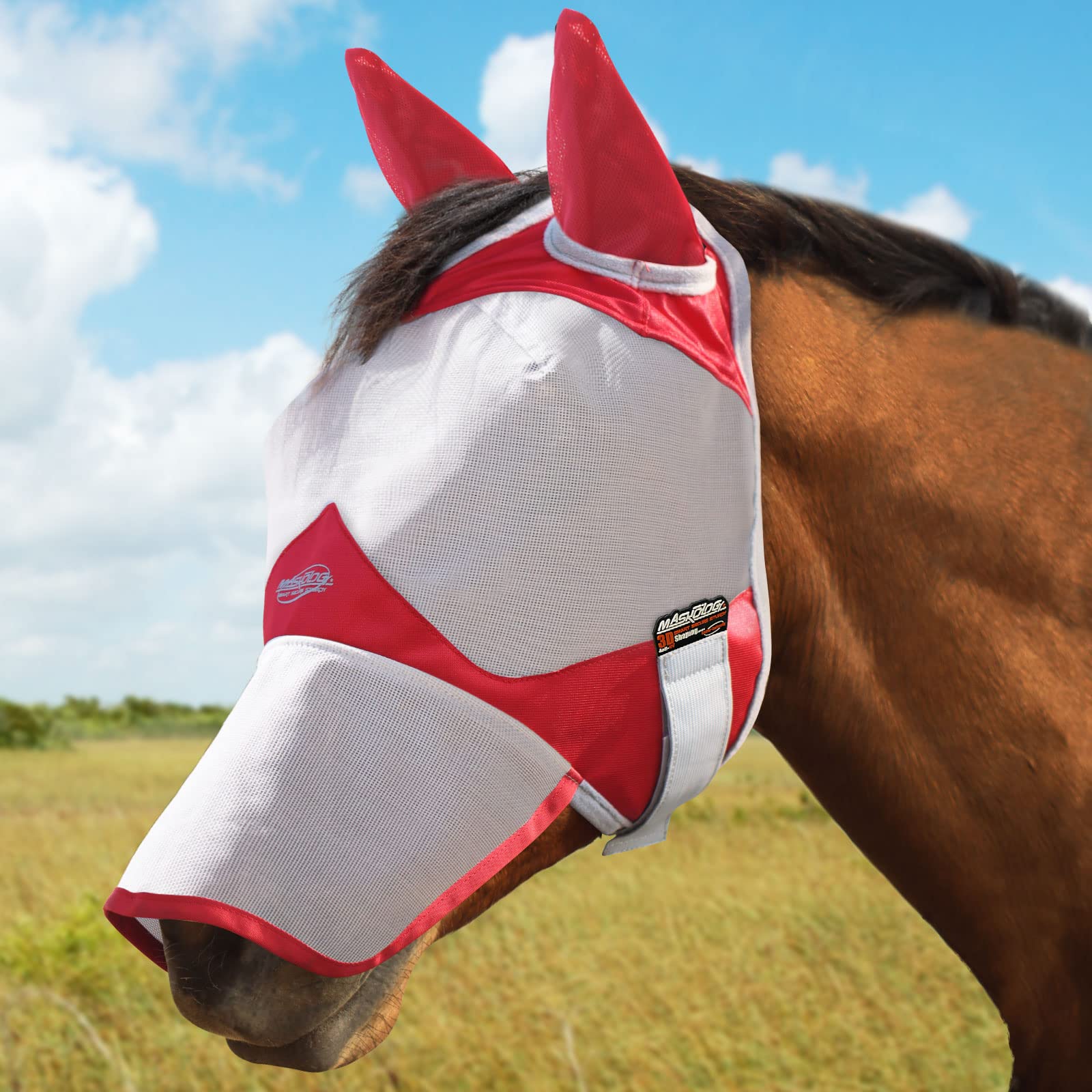 Maskology Horse Fly Mask Long Nose with Ears UV Protection for Horse Red (M; Cob)