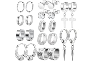 Men Earrings, Funtopia 11 Pairs Stainless Steel Small Hoop Earrings Cross Dangle Earrings Set, Fashion Huggie Earrings Piercing Jewelry for Party Birthday
