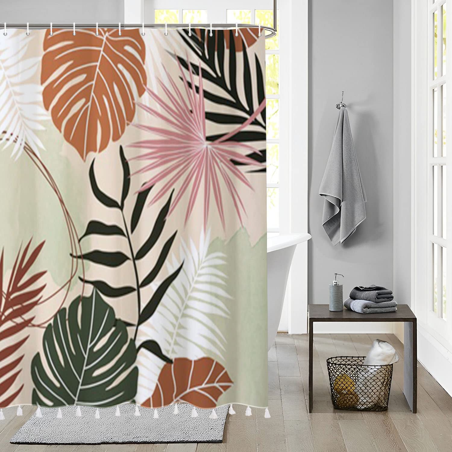 Bovlleetd Botanical Shower Curtain with Tassel Abstract Tropical Plants Medieval Maple Palm Leaf Shower Curtain Boho Boy Girl Bathroom Art Decor Curtain Washable Tub Decoration Curtain 71x71inch — image 1