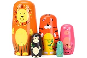 Bgraamiens 5pcs Beautiful Handmade Wooden Animal Nesting Dolls Gift Russian Nesting Wishing Dolls Matryoshka Traditional (Yellow Lion)