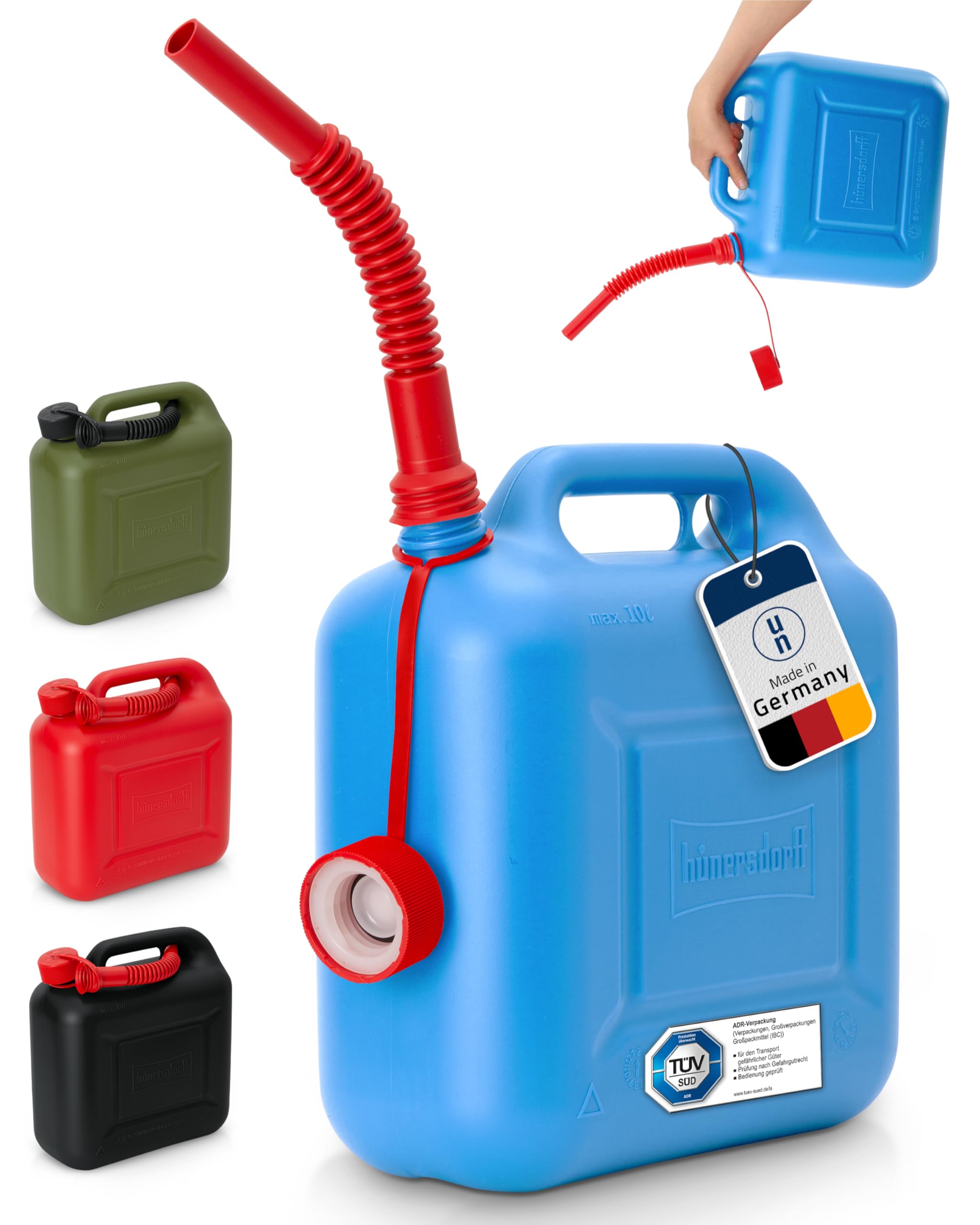 hünersdorff Kraftstoff-Kanister STANDARD 10l für Benzin, Diesel und andere Gefahrgüter, UN-Zulassung, made in Germany, TÜV-geprüfter Produktion, blau 8