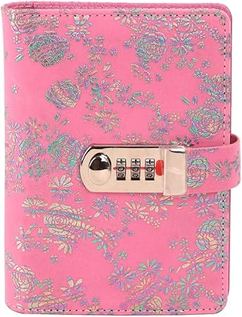 Amazon A6 日記帳 鍵付き かわいい 花柄付き Puレザー 手帳 パスワードタイプ 秘密ノート システム手帳 バイブルサイズ 6穴 バインダーノート 取り外せ可能 革製 手帳カバー 高級 中身入れ替え可能 日付なし 横書き ダイアリー スケジュール帳 自由帳 ペンホルダー