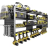 RacKeaLsi 49" W Large Power Tool Organizer Wall Mount, 4 Layer Heavy Duty Metal Tool Storage Rack with 12 Drills Holder, Utility Racks for Garage Workshop, Ideal Garage Organization