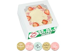 BAREGAMYAN 10x10x5 Bulk 25 Pcs Cake Boxes 10 Inch with Window Clear Bakery Dessert Box Square White Large Disposable Pie Boxes Package for Bake Goods Paper Pastry Packaging Donut Delivery Box (80 Pcs Stickers)