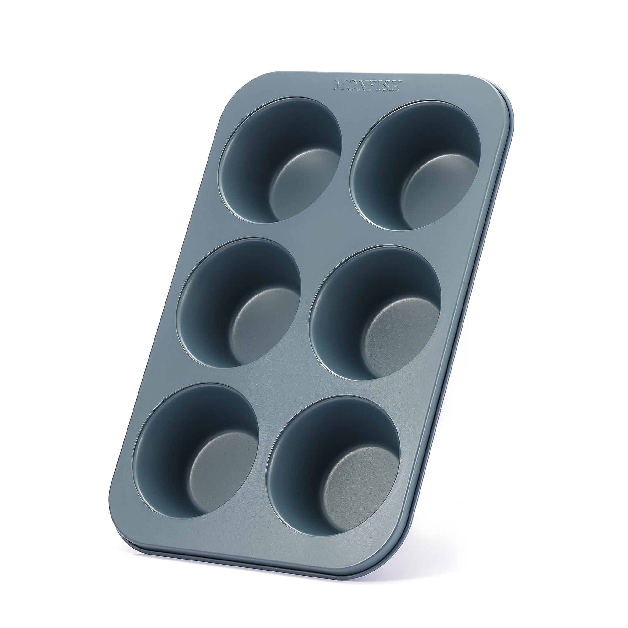 Monfish Muffin Mould 6 Jumbo Cup Carbon Steel Haze Blue Non Stick Coating Muffin Cupcake Tin 3.5inch Cup Roy Blue