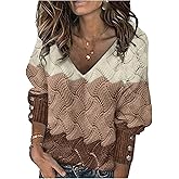 GORGLITTER Women's Colorful Boho Cozy Sweaters Crochet Hollow Out V Neck Long Sleeve Fall Knit Pullover Tops