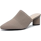 NourIron Women’s Knit Closed Pointed Toe Chunky Heel Mules Fashion Mesh Breathable Low Block Heel Pump Sandals Comfortable Slip On Dress Party Shoes