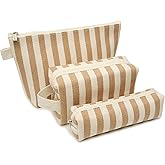 Beayuva 3 Pcs Makeup Bag Set Striped Canvas Purse Cosmetic Bag For Women Travel Toiletry Pouch Organizer pencil case (Khaki-White)