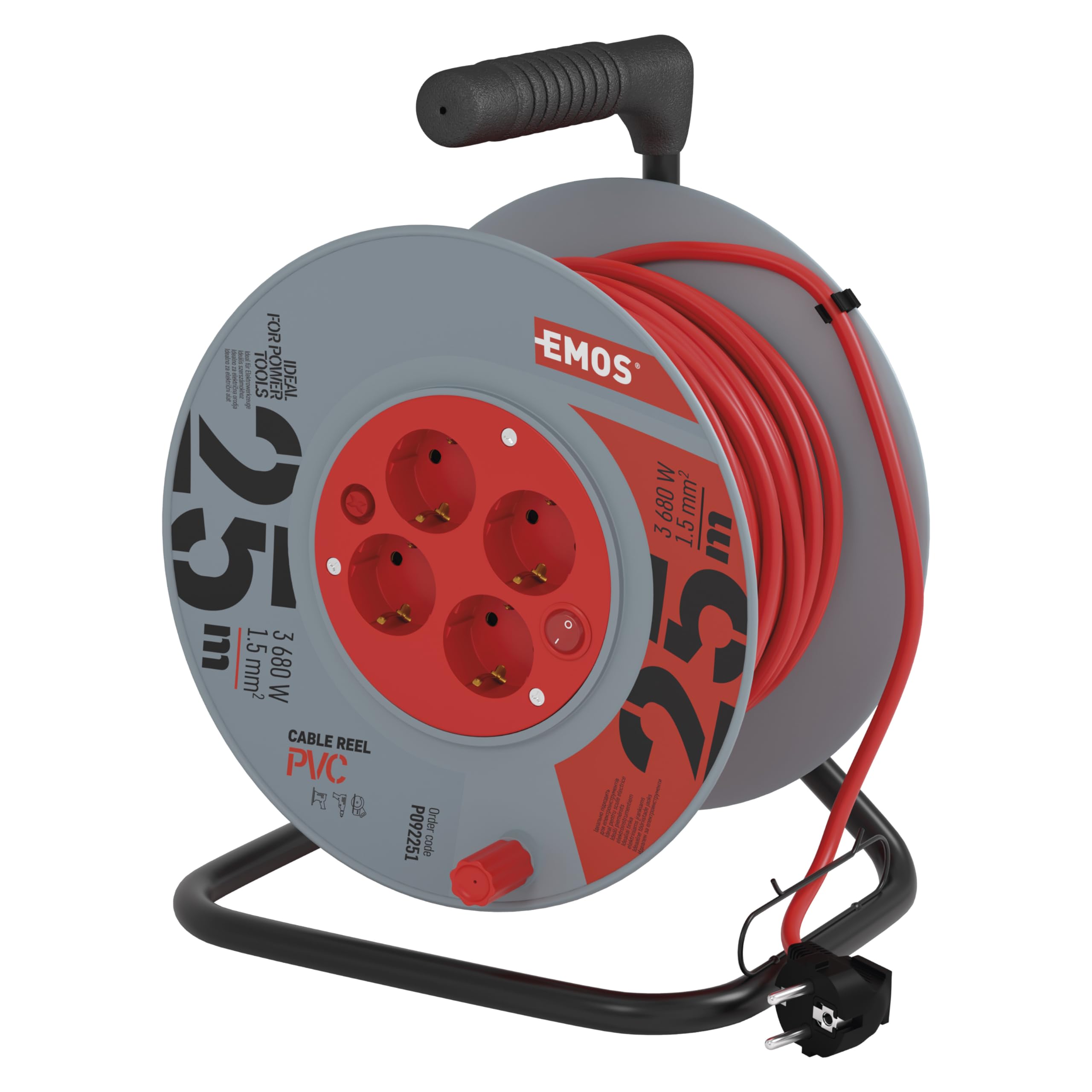 EMOS Cable Reel with Switch 25 m with 4 Schuko Sockets 1.5 mm Indoor Drum Protection Class IP 20 3680 W