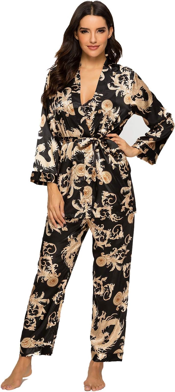 Women's Floral Silk Satin Pajamas Set Sleepwear 3Pcs Nightwear Long Sleeve Pyjamas with Belt