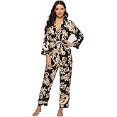Escalier Women's Silk Satin Pajamas Set 3 Pcs Floral Silky Pj Sets Sleepwear Cami Nightwear with Robe and Pant