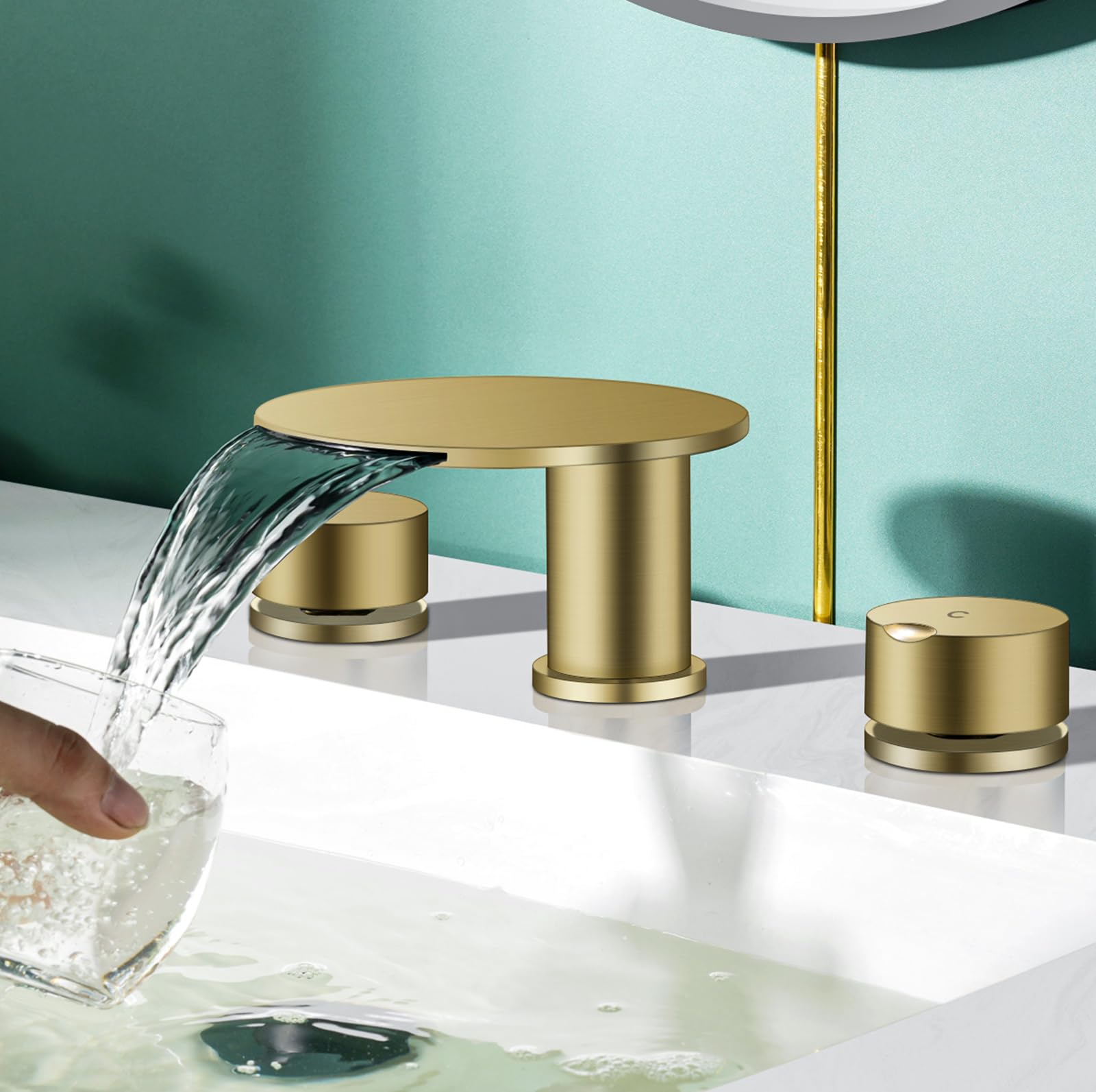 Photo 1 of AUU Moon Bathroom Sink Faucet 3 Holes,Waterfall Bathroom Vanity Sink Faucets Solid Brass,2 Handles Widespread 8 Inch Basin Faucets (Brushed Gold)