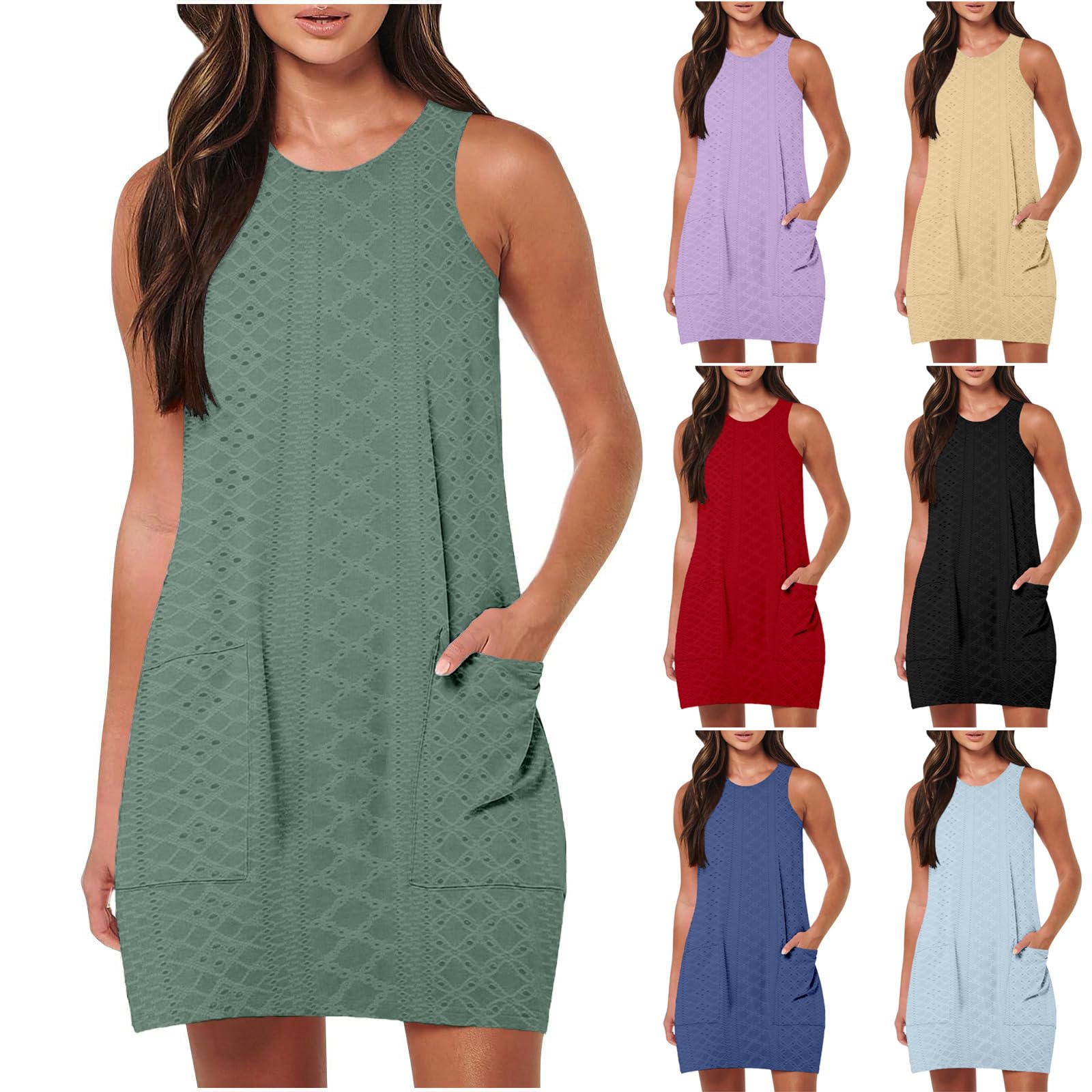 Eyelet Tank Dress for Women Shift Dress with Pockets Sleeveless Mini Sundress Brunch Outfits for Women Flattering Dress to Hide Tummy Vestido para La Playa de Mujer