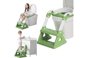 AKIMRABY Potty Training Seat with Step Stool, Upgraded 2 in 1 Potty Training Toilet for Boys Girls, 3" Splash Guard, Anti-Slip Pads, Adjustable Height, Collapsible Toddler Toilet Seat with Steps