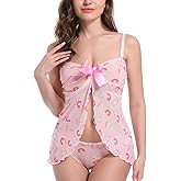 Landofgenie Lingerie Set for Women Lace Babydoll Chemise Strap Sleepwear Open Front Cut Print Underwear Nightwear