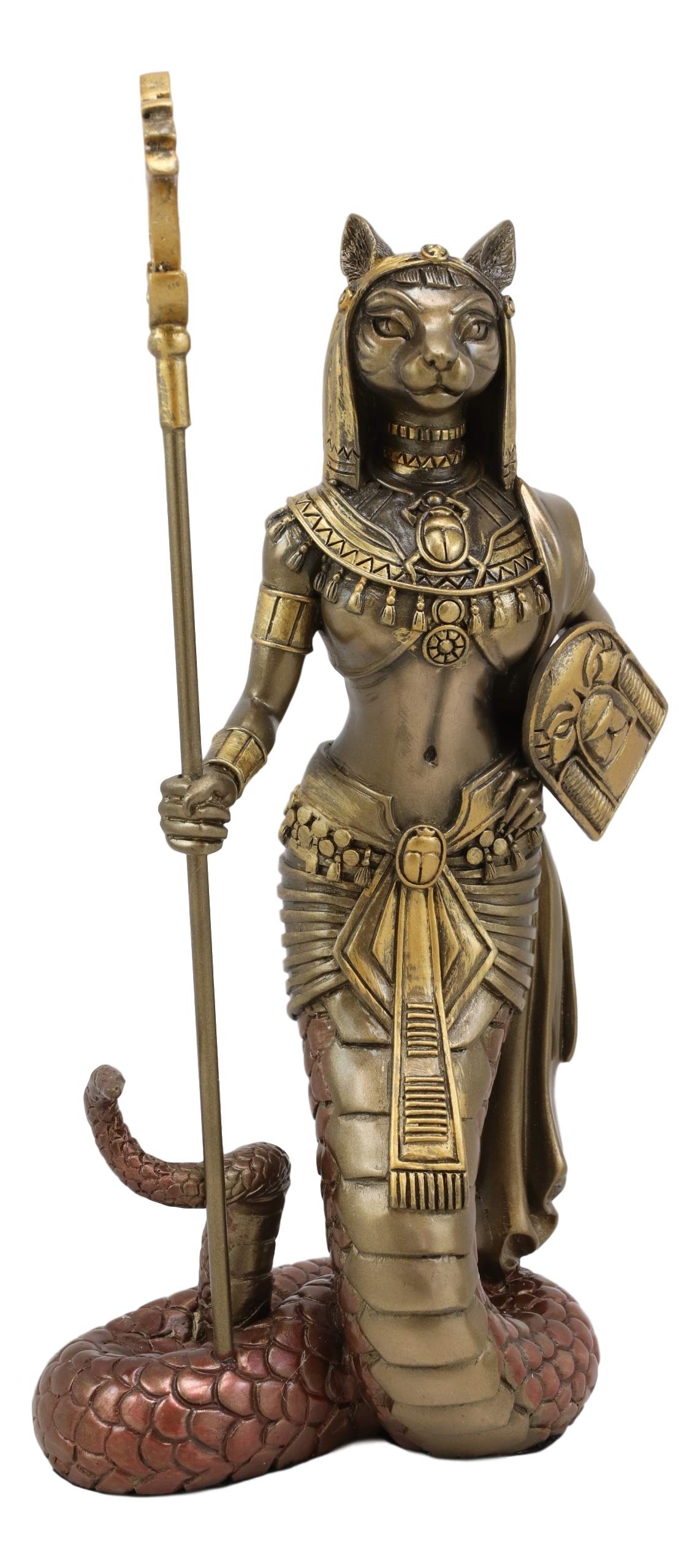 Ebros 11"H Egyptian Feline Goddess Bastet Cat With Slain Snake Apep Tail Holding Spear & Shield Stat