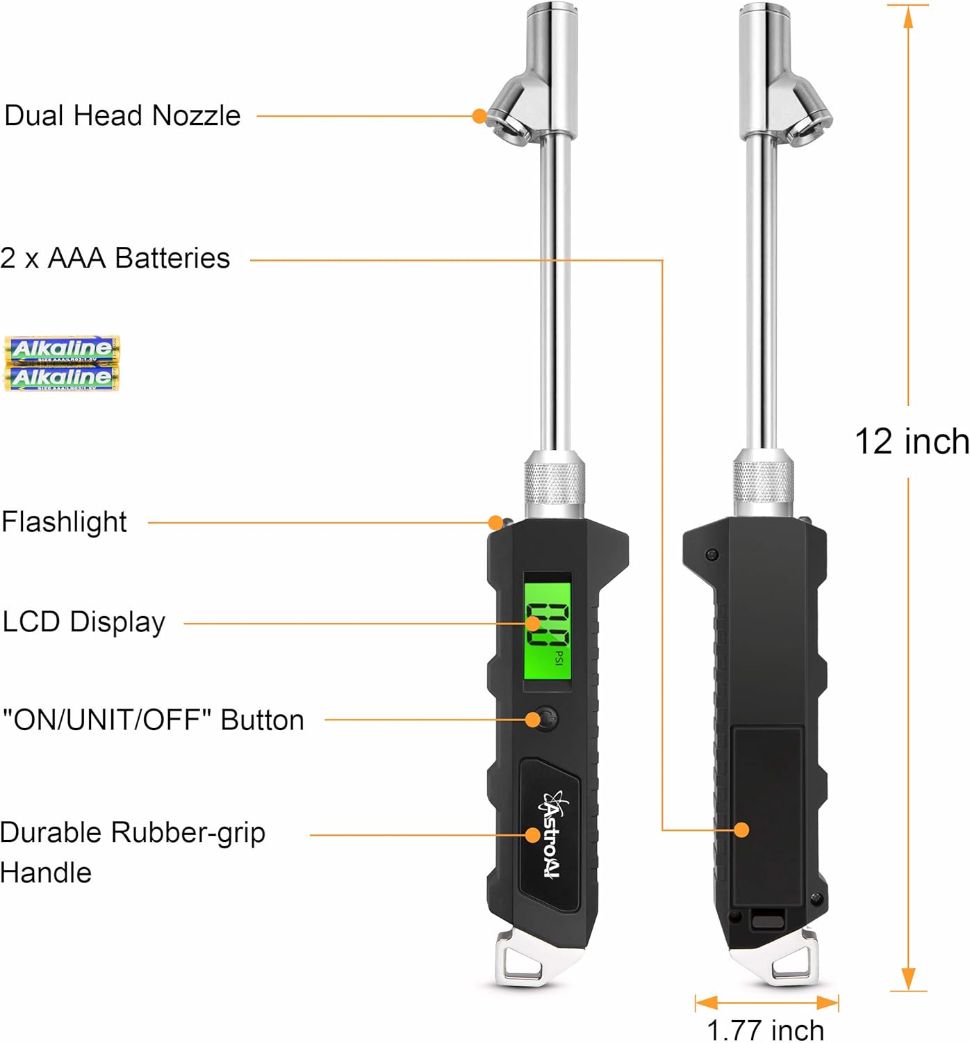 AstroAI Digital Tire Pressure Gauge 230 PSI Heavy Duty Dual Head Stainless Steel Made for Truck and RV with Backlit LCD and Flashlight: Automotive