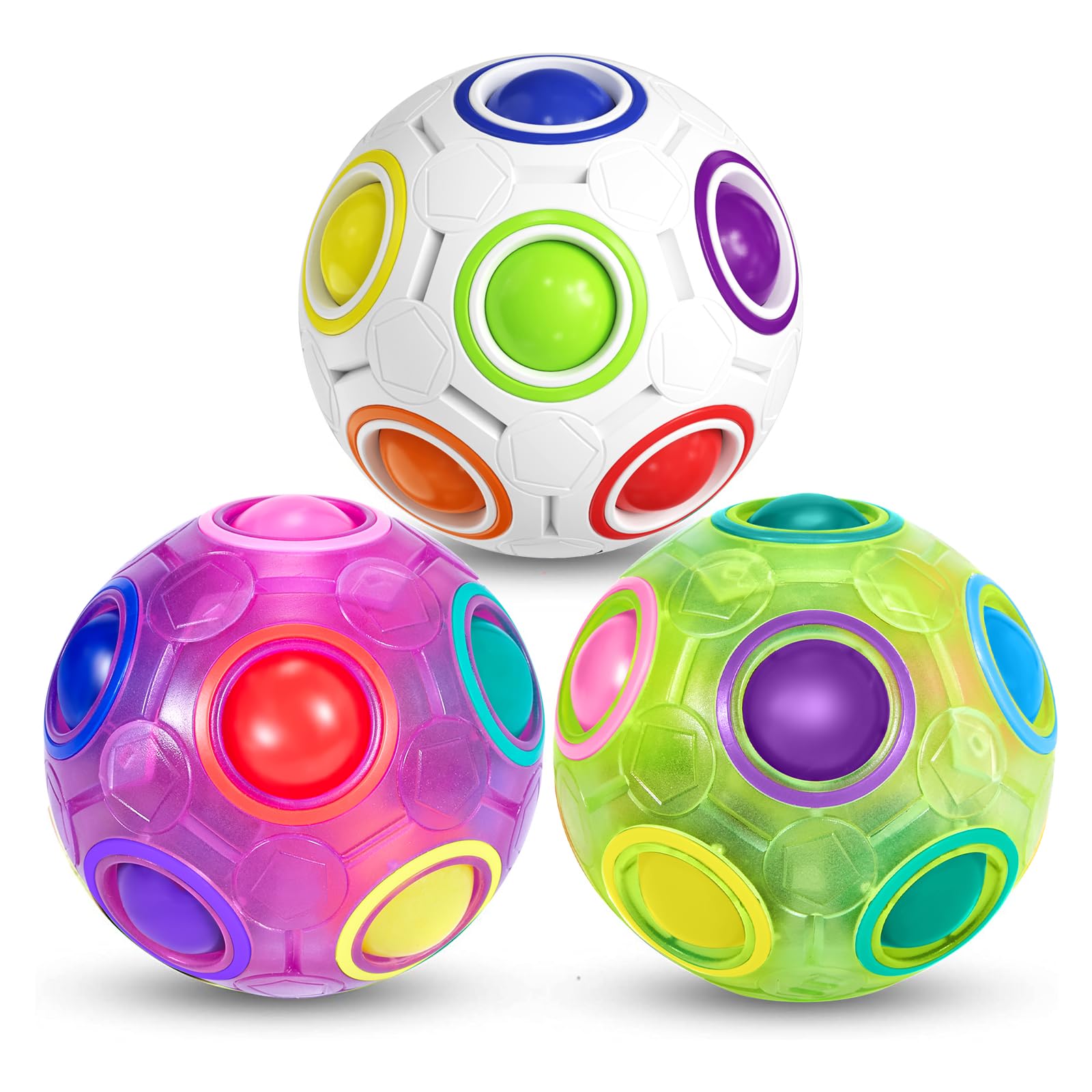 ROXENDA Magic Rainbow Ball with 12 Holes, Puzzle Ball Skill Game - Brain Teaser & Fidget Ball for Kids from 6 Years - 3 Pack(White&purple&Green) — image 1