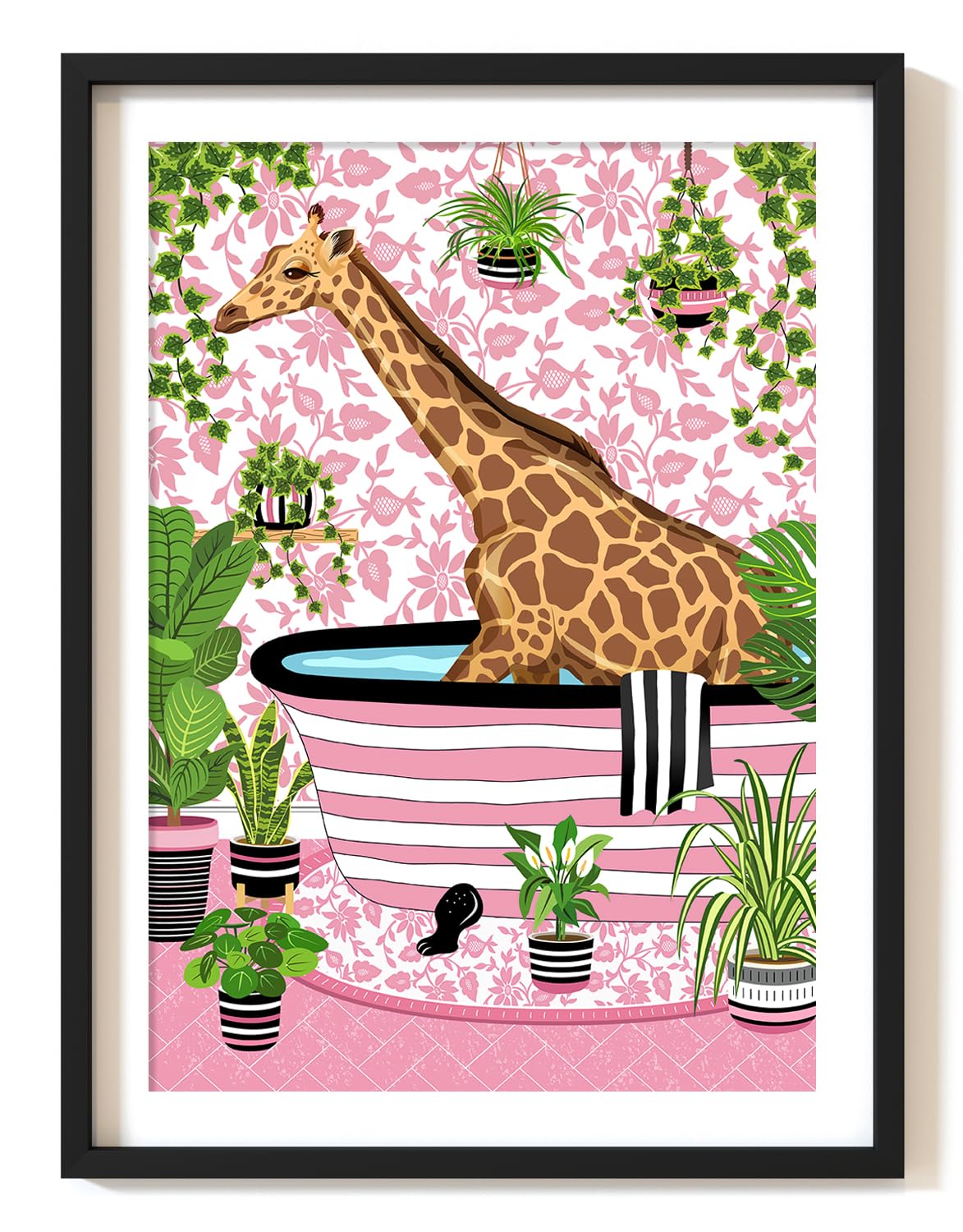 A4 UNFRAMED Giraffe Bathroom Print - Animal Toilet Decor, Pink & Black, Tropical Theme