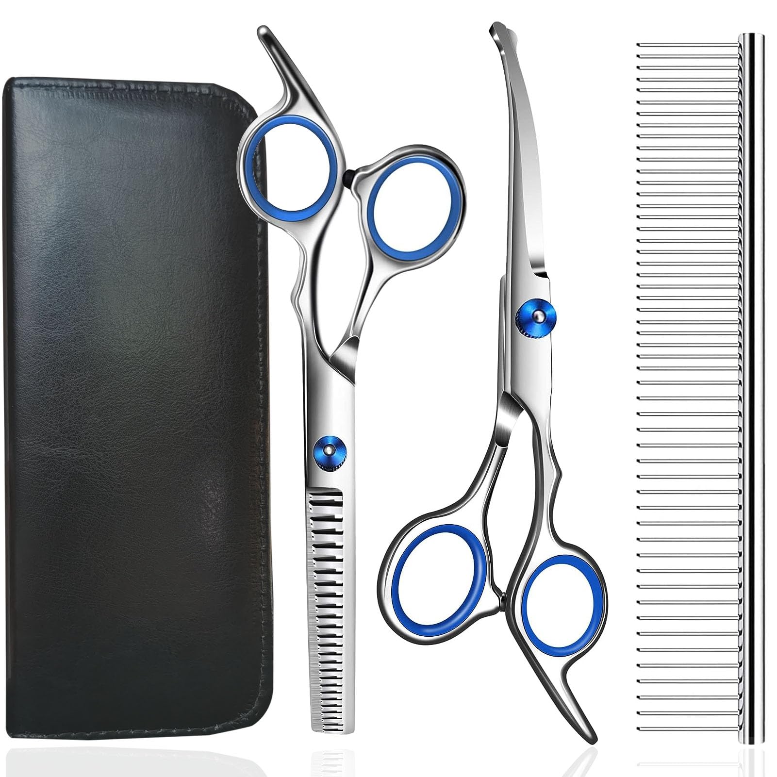 Dog Grooming Scissors, 4-in-1 Dog Grooming Kit with Safety Round Tip, Professional Grooming Shears Set Hair Cutting Trimming Scissors with Steel Comb & Leather Pouch for Dogs Cats Pets